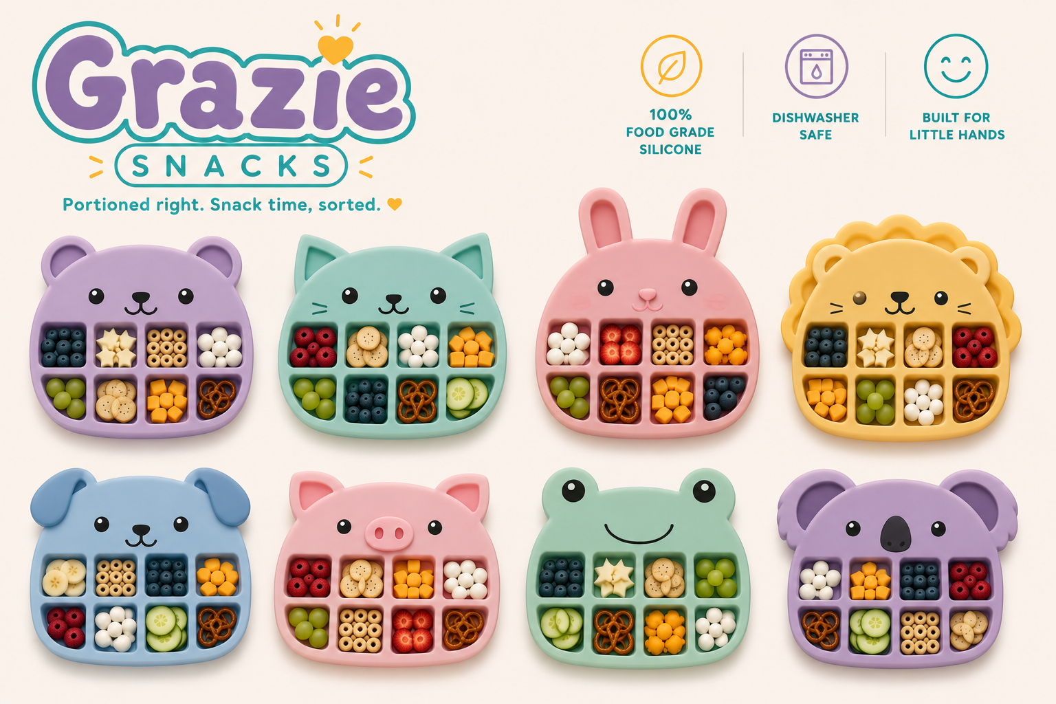 Animal-shaped Grazie trays filled with assorted snacks