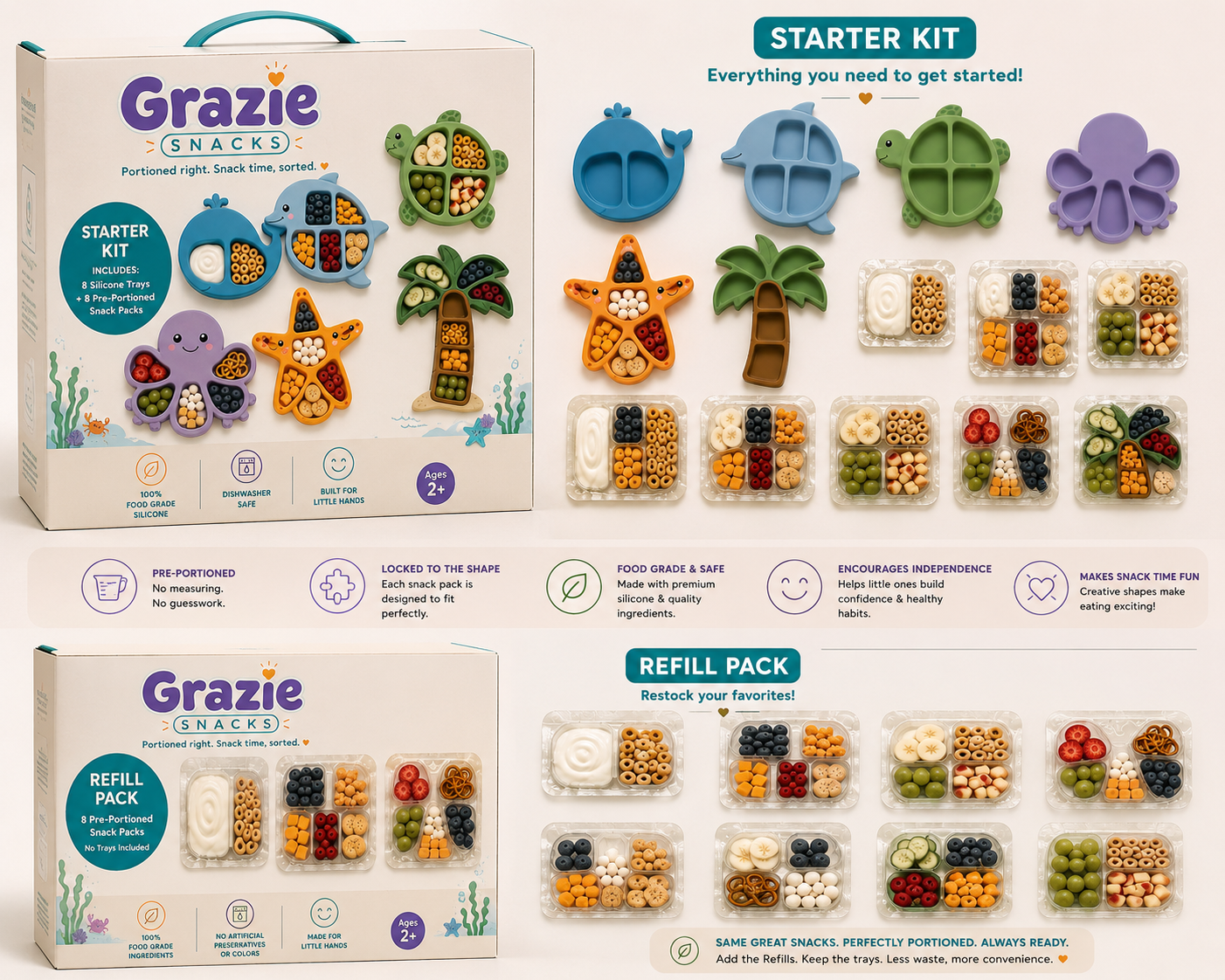 Grazie starter kit and refill pack with trays and pre-portioned snack packs