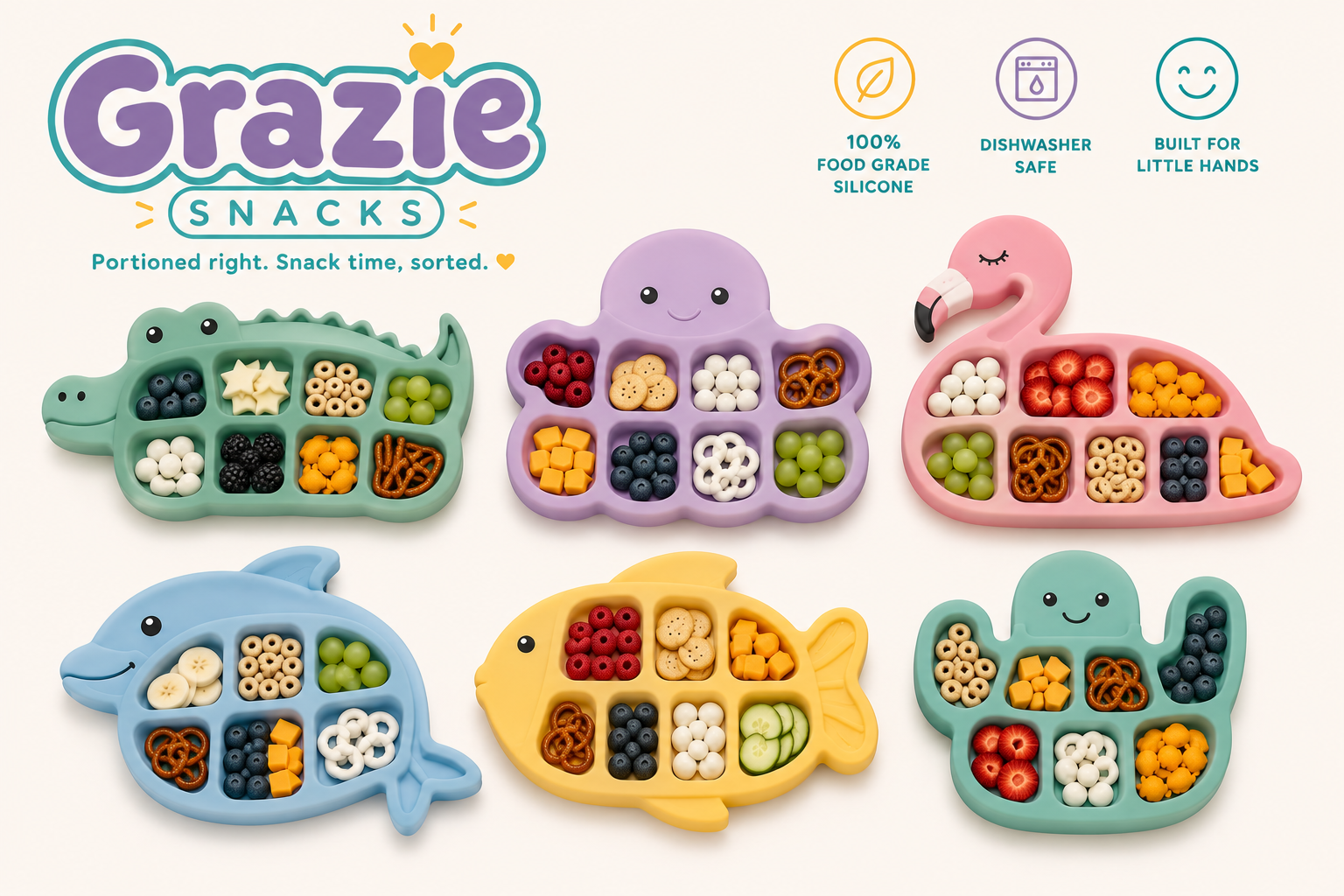 Colorful Grazie snack trays filled with berries, crackers, grapes, and pretzels